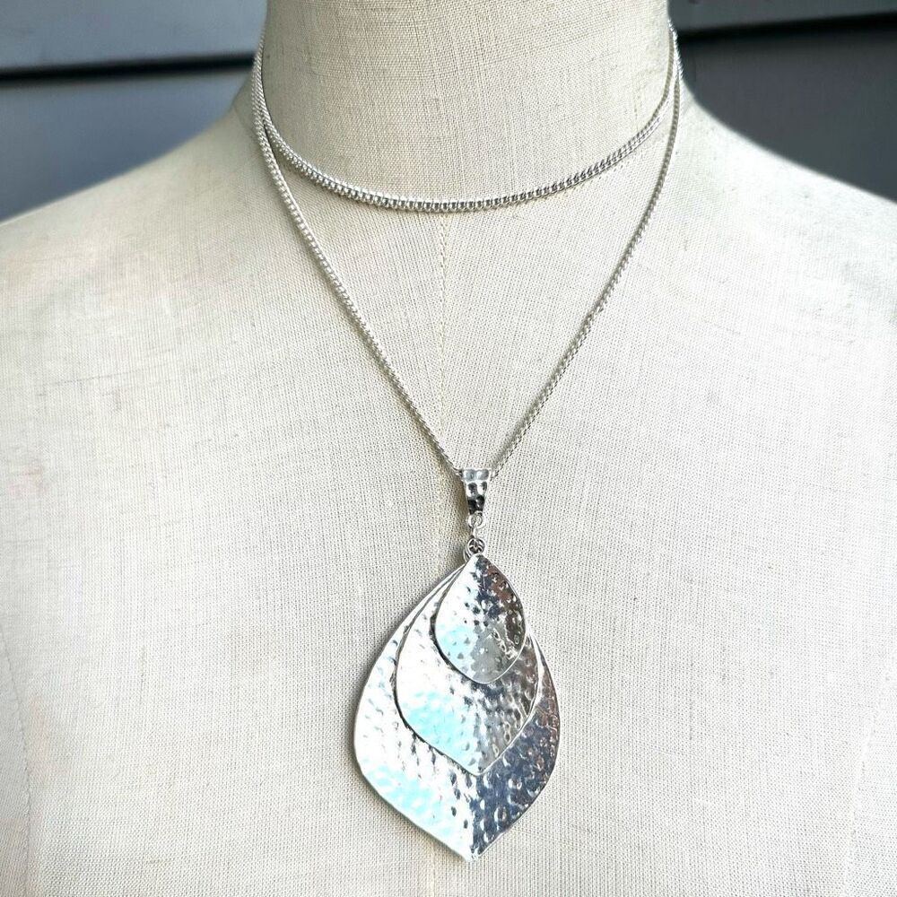 Silver tone long triple pendant necklace